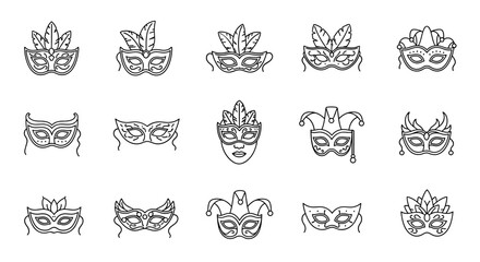 A diverse collection of thin line art carnival masks, suitable for web, books, cards, and apps, featuring editable strokes and a clean white background, perfect for festive and masquerade themes.