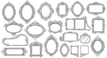 Collection of diverse vintage decorative picture frames and borders in an elegant outline style, featuring various shapes like oval, rectangular, and square, with ornate, hand-drawn details, perfect