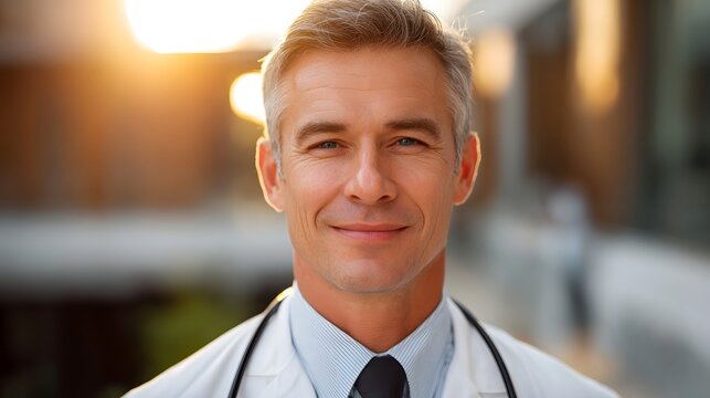 A professional doctor smiles warmly outdoors during a golden sunset embodying care and expertise - Powered by Adobe