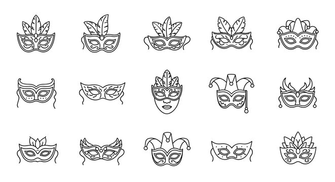 A diverse collection of thin line art carnival masks, suitable for web, books, cards, and apps, featuring editable strokes and a clean white background, perfect for festive and masquerade themes.
