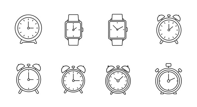 Collection of eight minimalist line art icons representing various timekeeping devices, including classic alarm clocks, modern wristwatches, and a stopwatch, all rendered in a clean, scalable vector