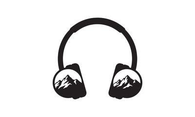 Headphones with Mountain Landscape Design Silhouette Illustration