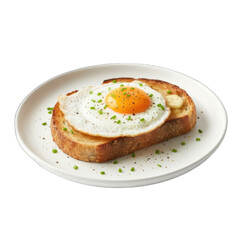 A delicious sunny side up egg served on toasted bread with butter and chives sprinkled on top, presented on a white plate with a dark background.