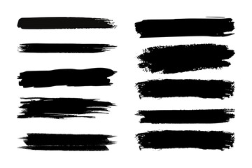 set of grunge black paint, ink brush strokes. brush collection isolated on white background.  Watercolor design, grunge backdrop, dirt banner, and dirty texture are all examples of this trendy brush s