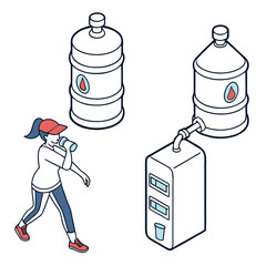 Woman drinking from bottle near water cooler and large water jug