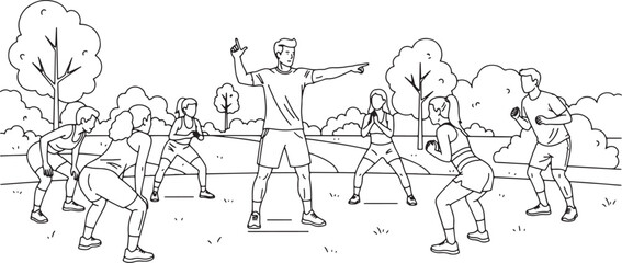 Sketch of a group of people playing a game outdoors with trees in the background