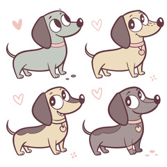 Four cartoon dachshund dogs in different colors puppy