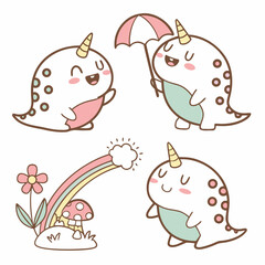 Four cute cartoon narwhal characters with unicorn horns