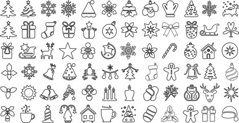 Set of line art winter holiday symbols for decoration and background