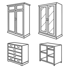 Four line art wardrobe and dresser icons cabinet closet