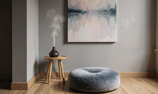 Tranquil Meditation Corner. A designated space for mindfulness in the corner of a room, defined by a circular, plush floor