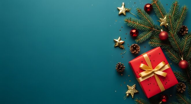 Festive red gift box with christmas tree branches and ornaments on teal background