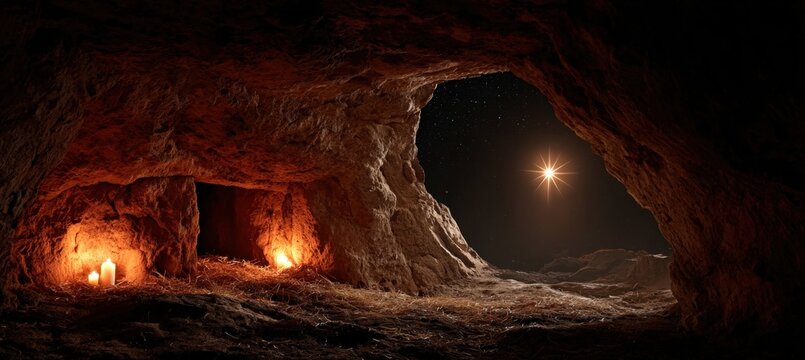 Nativity-Inspired Cave with Empty Manger and Glowing Star in Warm Candlelight - Powered by Adobe