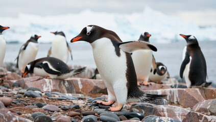 Gentoo penguin walking on a rocky beach with other penguins in the background in antarctica