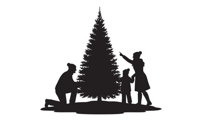 Family Decorating Christmas Tree Silhouette Celebrating Holiday, Joy, and Togetherness