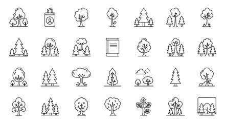 Collection of thin line icons representing various trees and forest scenes, editable stroke, suitable for web, books, cards, and apps, presented as a vector cartoon illustration with a white