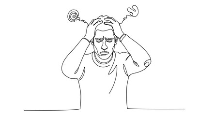 Continuous one-line drawing of a man experiencing depression, stress, headache, and despair, depicted with his hands on his head and swirling lines symbolizing confusion and mental anguish, a