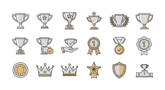 Collection of winning cup related line icons, perfect for infographics, articles, books, flyers, and banners. This editable stroke vector cartoon illustration features trophies, medals, crowns, and a