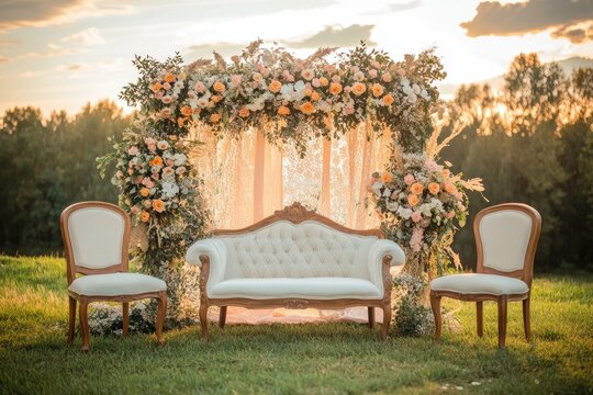 Outdoor wedding ceremony backdrop with floral arch and white sofa
