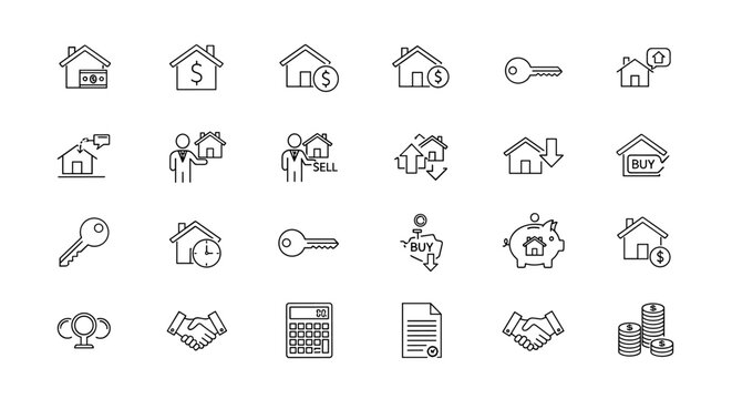 A comprehensive collection of minimalist thin line web icons representing various aspects of real estate, including property, mortgage, home loans, buying, selling, keys, and financial transactions