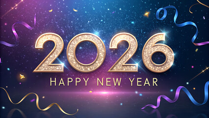 Ultra-Attractive 3D "2026" Gold Typography with Neon Confetti and Cosmic Background