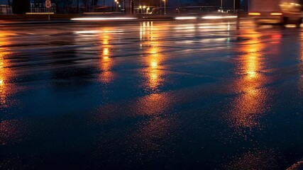 City reflections glisten on wet pavement, car lights blur by on a rainy night - Powered by Adobe