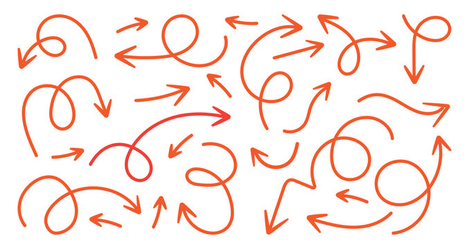 Hand drawn doddle red arrow icon set.