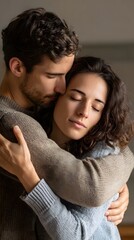Obraz premium Loving couple embracing tenderly with eyes closed in a moment of peace