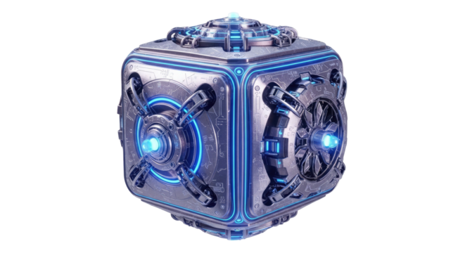 Futuristic metal cube with blue glowing lights and mechanical parts