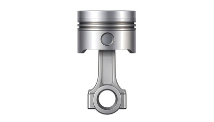A 3D-rendered, isolated image of a metallic engine piston with a connecting rod against a clean white backdrop