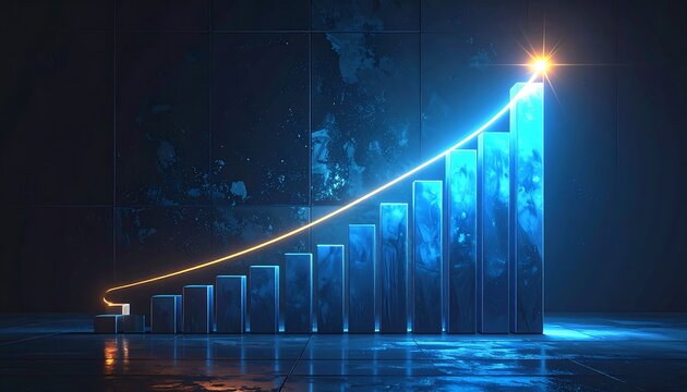 A 3D-rendered graph showing upward progress with a glowing line leading to a star at the peak. Dramatic lighting