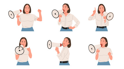 Set of young woman speaking through megaphone in different poses, expressing emotions, giving speech or announcement, flat vector illustration on white background