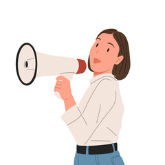 Young woman speaking through megaphone, announcing or protesting with confident expression, flat vector illustration isolated on white background