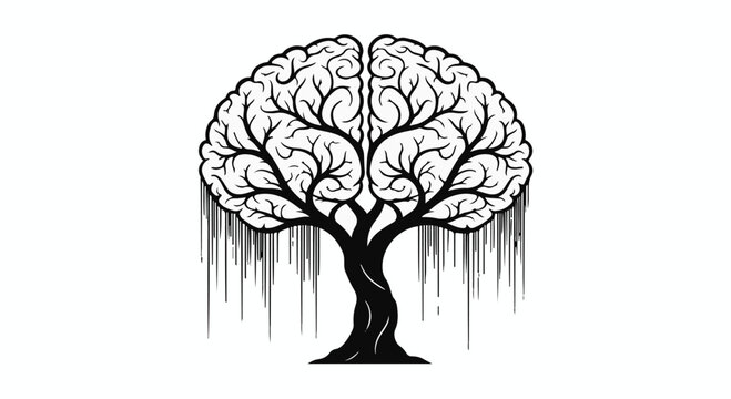 Creative tree with brain-shaped canopy symbolizing growth of ideas and knowledge.