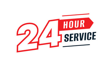 24 hour service text vector, Bold 24 hour service availability vector icon with red 24 HOUR arrow badge, navy SERVICE text, dynamic geometric design, scalable EPS for business cards, websites