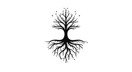Symbolic tree of life with roots and branches reaching outwards on white background