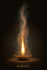 Artistic Diwali Representation with Single Flame and Gold Typography