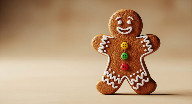 Cheerful smiling gingerbread man cookie decorated for the holidays copy space, a sweet homemade Christmas bakery treat on a brown background