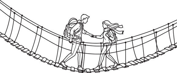 Couple holding hands crossing a rope bridge together
