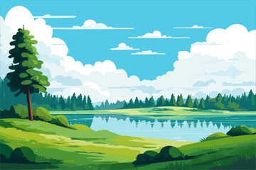 Flat vector illustration of a serene summer landscape. A calm lake reflects the pine forest and blue cloudy sky. Green grassy shore in the foreground. Suitable for background