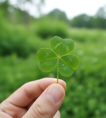 Hand Holding a Fresh Three-Leaf Clover in a Green Field