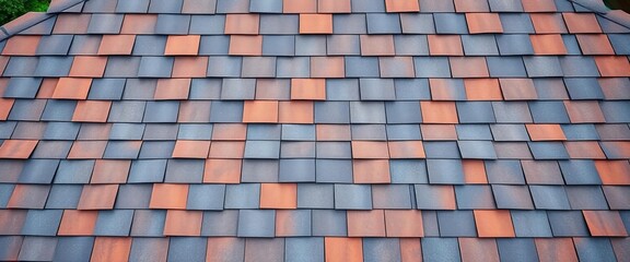 Fototapeta premium Overlapping asphalt shingles on a residential roof, design, maintenance