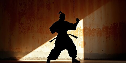 Silhouetted martial arts figure against a weathered wall, wisdom, texture
