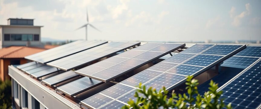Sleek solar panels atop a building, soft focus, sustainable energy,  shadows,  rooftop - Powered by Adobe