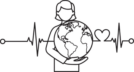 Person holding earth with heartbeat and heart symbol