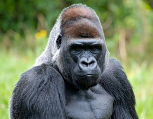 Fototapeta premium A close-up shot of a gorilla. The primate has a large head, a silver back, and dark fur. Green foliage is in the background