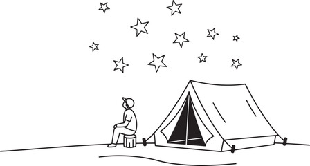Person sits by a tent under a starry night sky