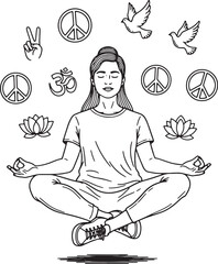 Meditating figure levitating surrounded by spiritual symbols