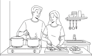 Couple cooking together in a kitchen preparing a meal