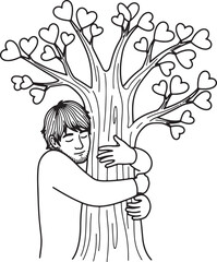 Child hugging a large tree with leafy branches